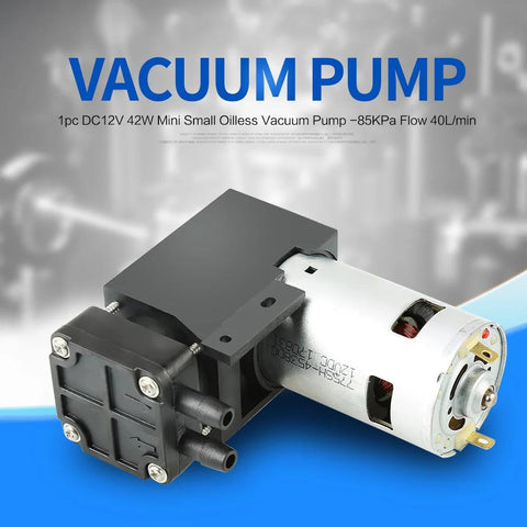 Compact Oilless Vacuum Pump 12 Volt DC 42 Watt Mini Brush Piston, delivers 40 L/min, visible close-up showing motor and housing.