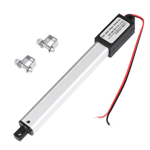 Compact 12V Mini Electric Linear Actuator with 4 Inch Stroke IP54, mounting brackets shown, used for car, RV, doors, furniture projects.