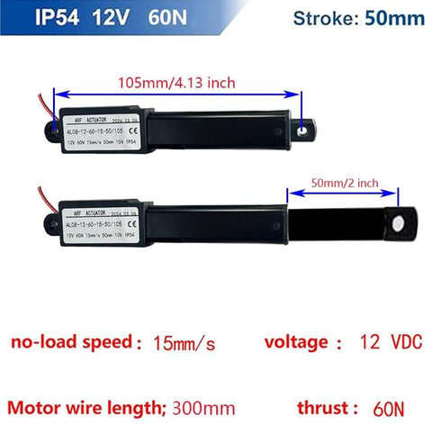 Compact mini linear actuator 12v with 60N load and 50mm stroke, ideal for automation projects, features IP54 waterproof rating and low noise operation.