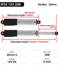 Diagram showing Compact 50mm 20N Mini Electric Linear Actuator dimensions with 2-inch stroke and 12V motor for cabinets and automation.