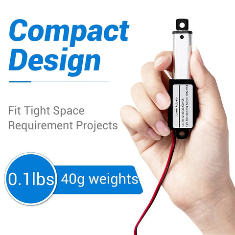 Hand holding 12V Micro Linear Actuator With 1.2 Inch Stroke 64N 14.4Lb Lift 0.6 Inch Per Second Speed IP54 Waterproof DC Actuator
