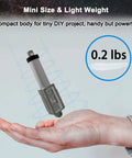 1.2 Inch Stroke Micro Electric Linear Actuator 12V 32N shown on a hand for scale, highlighting its compact, lightweight design.