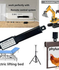 Compact mini linear actuator 12V for DIY projects and automation tasks, shown with remote control system and various applications.