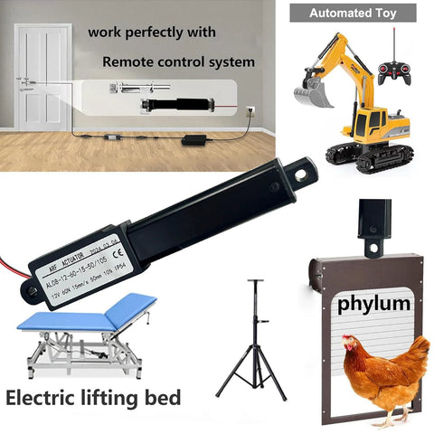 Compact mini linear actuator 12V for DIY projects and automation tasks, shown with remote control system and various applications.