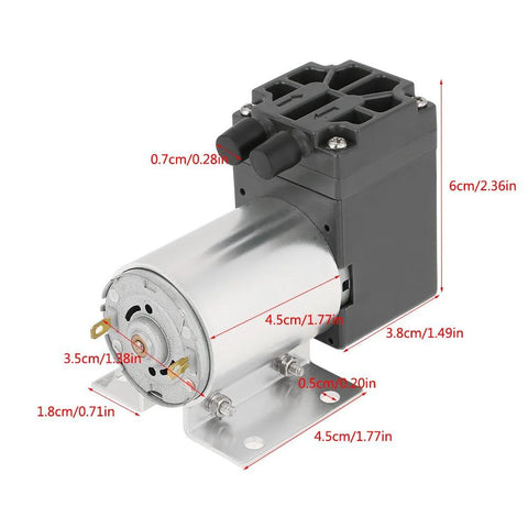 Compact DC 12V mini vacuum pump with holder, dimensions labeled, ideal for gas analysis and lab use, delivers 5 liters per minute at 120 kPa.