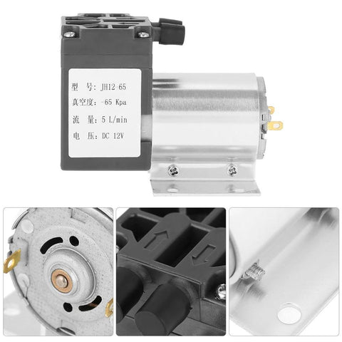 Compact DC 12V Mini Vacuum Pump Delivers 5 Liters Per Minute At 120 KPa Includes Holder, front and close-up views