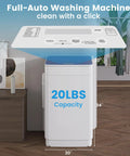 Compact 20 lb full-automatic portable washing machine with 7 wash cycles and an LED display shown in a modern apartment setting.