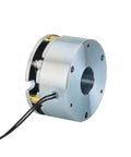 Compact 24V electromagnetic brake for NEMA 23 and NEMA 24 stepper motors, side view, showing mounting holes and wires