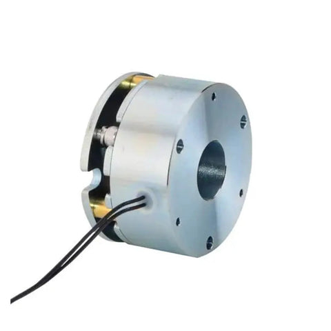 Compact 24V electromagnetic brake for NEMA 23 and NEMA 24 stepper motors, side view, showing mounting holes and wires
