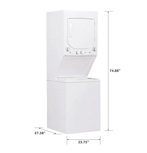 Compact 27 inch unitized washer and electric dryer in one space-saving cabinet combines a 3.8 cu ft top-load washer and 5.9 cu ft dryer.