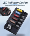 Front view of 12V Four Circuit Fuse Block Kit With Waterproof Marine Fuse Panel Relay Box LED Indicator Damp Proof Cover ATO Blade Fuse Block For 12V 24V Automotive Car RV Boat showing LED indicators and fuse slots.