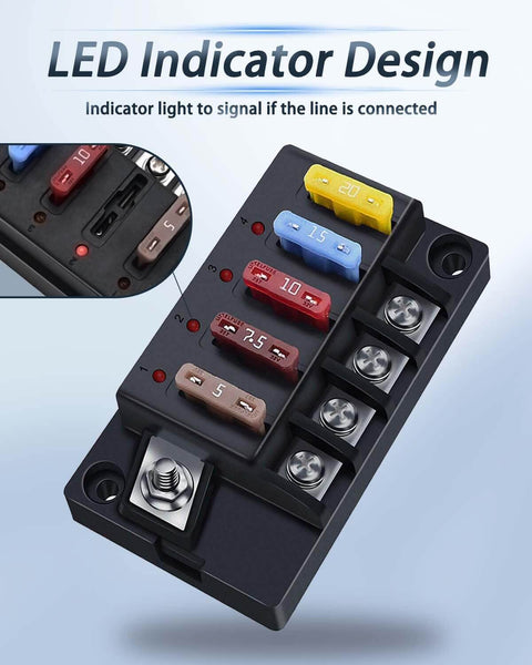 Front view of 12V Four Circuit Fuse Block Kit With Waterproof Marine Fuse Panel Relay Box LED Indicator Damp Proof Cover ATO Blade Fuse Block For 12V 24V Automotive Car RV Boat showing LED indicators and fuse slots.