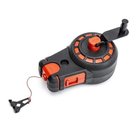 Compact 50 ft chalk reel with blue chalk delivers fast, precise straight line marks for construction, drywall, and carpentry.