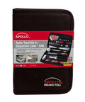 Black zippered case containing 56 Piece Compact SAE Auto Tool Set for roadside emergencies and motorcycle repairs.