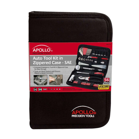 Black zippered case containing 56 Piece Compact SAE Auto Tool Set for roadside emergencies and motorcycle repairs.