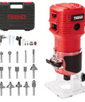 650W Compact Wood Router With 12 Piece 1 Quarter Inch Bit Set Six Speeds Edge Guide Dust Hood with tools and accessories