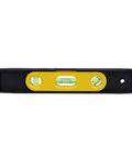 Front view of a compact 9-inch torpedo level with magnetic base and three 360 degree vials for dependable readings in construction work.