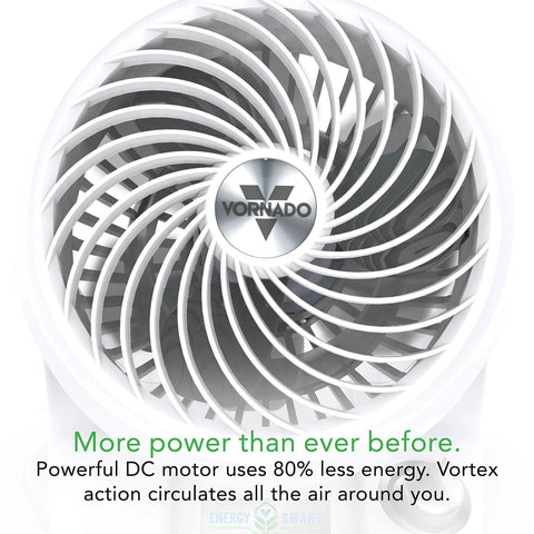 Energy Smart Compact Air Circulator Fan With Vortex Action And Adjustable Tilt by Vornado shown from front, highlighting fan blades.