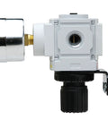 Side view of Compact Miniature Air Pressure Regulator With Gauge And Bracket One Quarter Inch NPT For Regulating 3 To 30 PSI Inlet 250 PSI 49 SCFM Flow Includes Gauge And Bracket PneumaticPlus PPR2 N02BG 2 Manufactured In Korea One Year Limited Warranty.