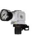 Compact Miniature Air Pressure Regulator With Gauge And Bracket One Quarter Inch NPT For Regulating 3 To 30 PSI Inlet 250 PSI 49 SCFM Flow Includes Gauge And Bracket PneumaticPlus PPR2 N02BG 2 Manufactured In Korea One Year Limited Warranty.