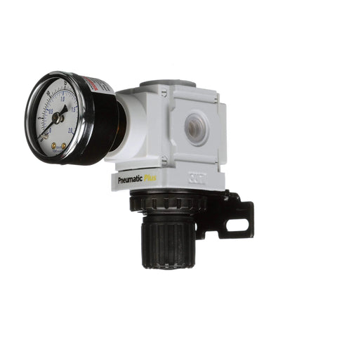 Compact Miniature Air Pressure Regulator With Gauge And Bracket One Quarter Inch NPT For Regulating 3 To 30 PSI Inlet 250 PSI 49 SCFM Flow Includes Gauge And Bracket PneumaticPlus PPR2 N02BG 2 Manufactured In Korea One Year Limited Warranty.