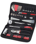 56 Piece Compact SAE Auto Tool Set In Zippered Case For Roadside Emergencies And Motorcycle Repairs Travel Ready Tiny Tool Kit With One Quarter Inch And Three Eighths Inch Sockets Hex Keys Tire Gauge Pliers Bit Driver And 20 Bits Red Case