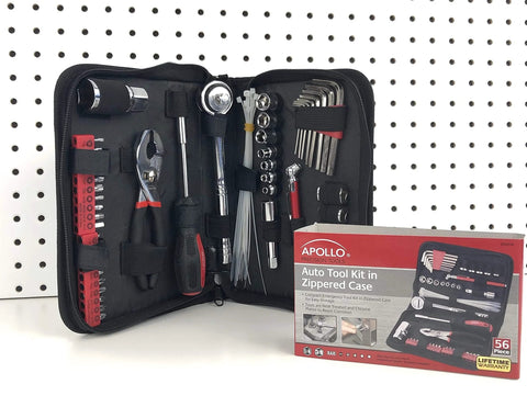 56 Piece Compact SAE Auto Tool Set In Zippered Case For Roadside Emergencies And Motorcycle Repairs with tools displayed