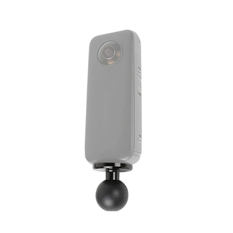 Universal Ball Head Mount Adapter for Action Cameras displayed attached to an action camera, 20mm-13mm to 1/4 inch screw.