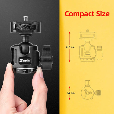 Heavy Duty Ball Head Mount With Built In Three Eighths To One Quarter Inch Adapter held in hand showing compact size