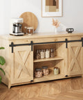 8ft Super Mini Sliding Barn Door Hardware Kit For Double Doors in use on wooden storage cabinet with J shape hanger.