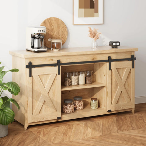 8ft Super Mini Sliding Barn Door Hardware Kit For Double Doors in use on wooden storage cabinet with J shape hanger.