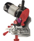 Professional Compact 120-Volt Bench Grinder And Universal Saw Chain Sharpener in metal with red adjustments, bench or wall mounted
