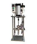 Front view of compact benchtop manual injection molding machine for 10g plastic parts, vertical system, no mold included with auto return handle.