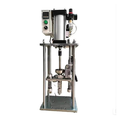 Front view of compact benchtop manual injection molding machine for 10g plastic parts, vertical system, no mold included with auto return handle.