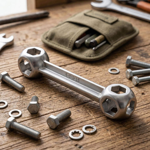 10 In 1 Bike Multitool Wrench For Road And Mountain Bikes On The Go Ultra Compact Dog Bone Hex Socket Kit displayed on a table.