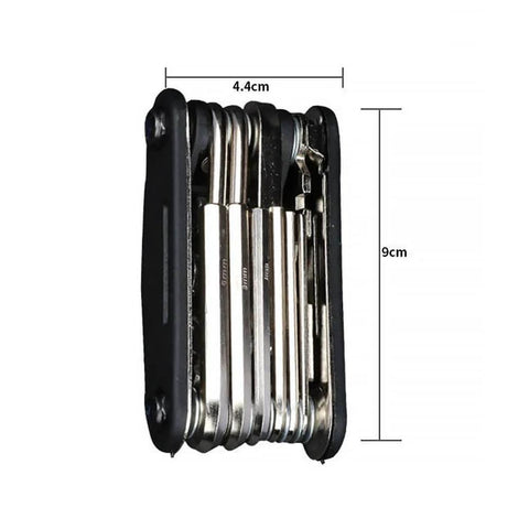 Side view of Compact 16 In 1 Bike Repair Multitool Set with folding magnetic screwdrivers, 9 cm high and 4.4 cm wide.