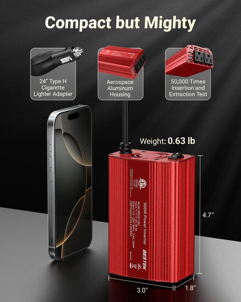Power Inverter 12V DC To 110V AC For Cars With Aluminum Housing, 300W Continuous And 700W Peak, shown beside phone for size comparison.