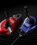 Red and blue Compact Chalk Line Marker with Extra Bold 1.0mm Line, Durable Aluminum Case, Collapsible Handle on black surface