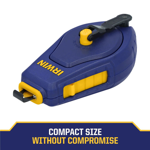 Compact chalk reel delivers fast, precise chalk lines for carpenters and painters, featuring a 3:1 gear ratio, blue chalk included.