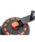 Close-up of a compact 50 ft chalk reel with blue chalk showing fold-away handle and release button for precise line marking.