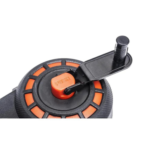 Close-up of a compact 50 ft chalk reel with blue chalk showing fold-away handle and release button for precise line marking.