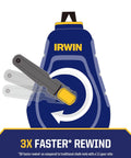 Compact chalk reel with 3:1 gear ratio and blue case, demonstrating fast rewind for clean, crisp markings on construction materials.