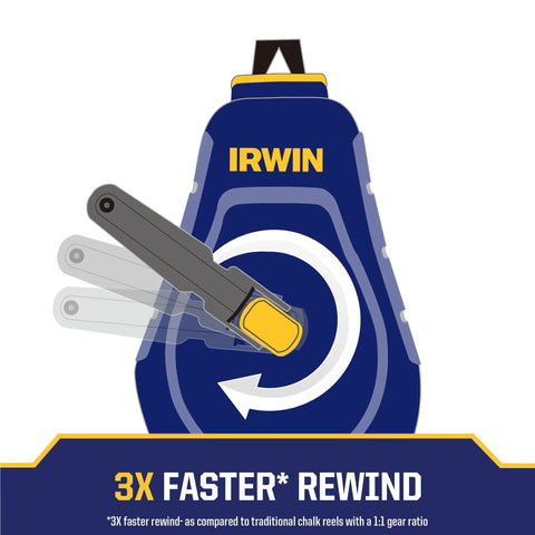 Compact chalk reel with 3:1 gear ratio and blue case, demonstrating fast rewind for clean, crisp markings on construction materials.