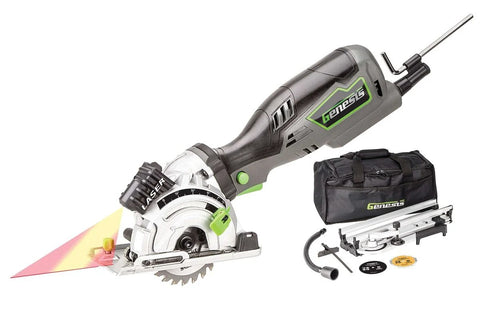 5.8 Amp Compact Circular Saw Kit with Laser Guide, plunge cut depth control, miter base, blades, rip guide, vacuum adapter, carrying bag