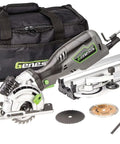5.8 Amp Compact Circular Saw Kit With Laser Guide, Plunge Cut Depth Control, accessories and carrying bag on display