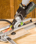 Using the 5.8 Amp Compact Circular Saw Kit with Laser Guide for precise wood cutting, featuring plunge cut depth control and miter base.