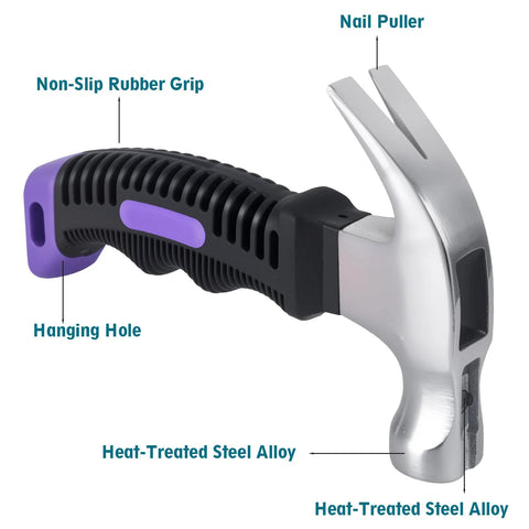 Compact 8 oz claw hammer with a magnetic nail holder for DIY, camping projects, high-density steel, ergonomic non-slip grip.