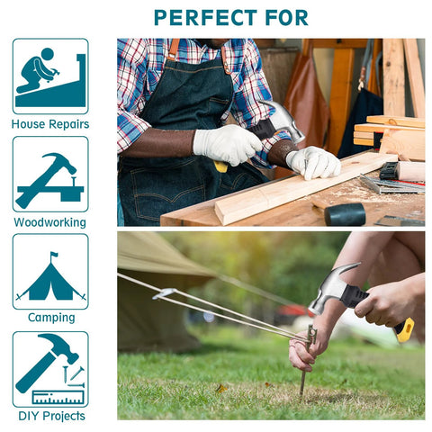 Person using compact 8 oz claw hammer for DIY, focusing on magnetic nail holder, high-density steel, ergonomic grip for camping project.
