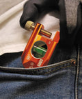Compact 2.5 inch no-dog conduit bending level with 1 vial and ACCU-BEND design shown clipped to pocket for portability