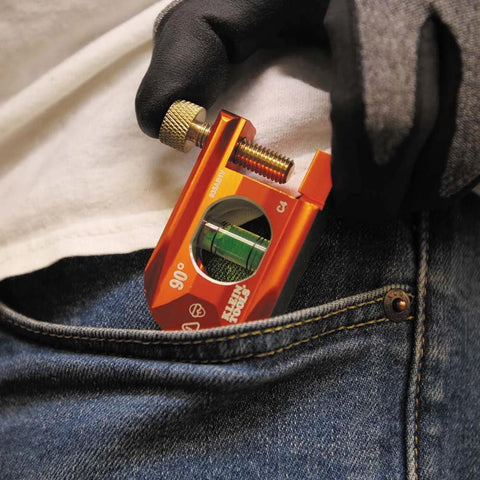 Compact 2.5 inch no-dog conduit bending level with 1 vial and ACCU-BEND design shown clipped to pocket for portability